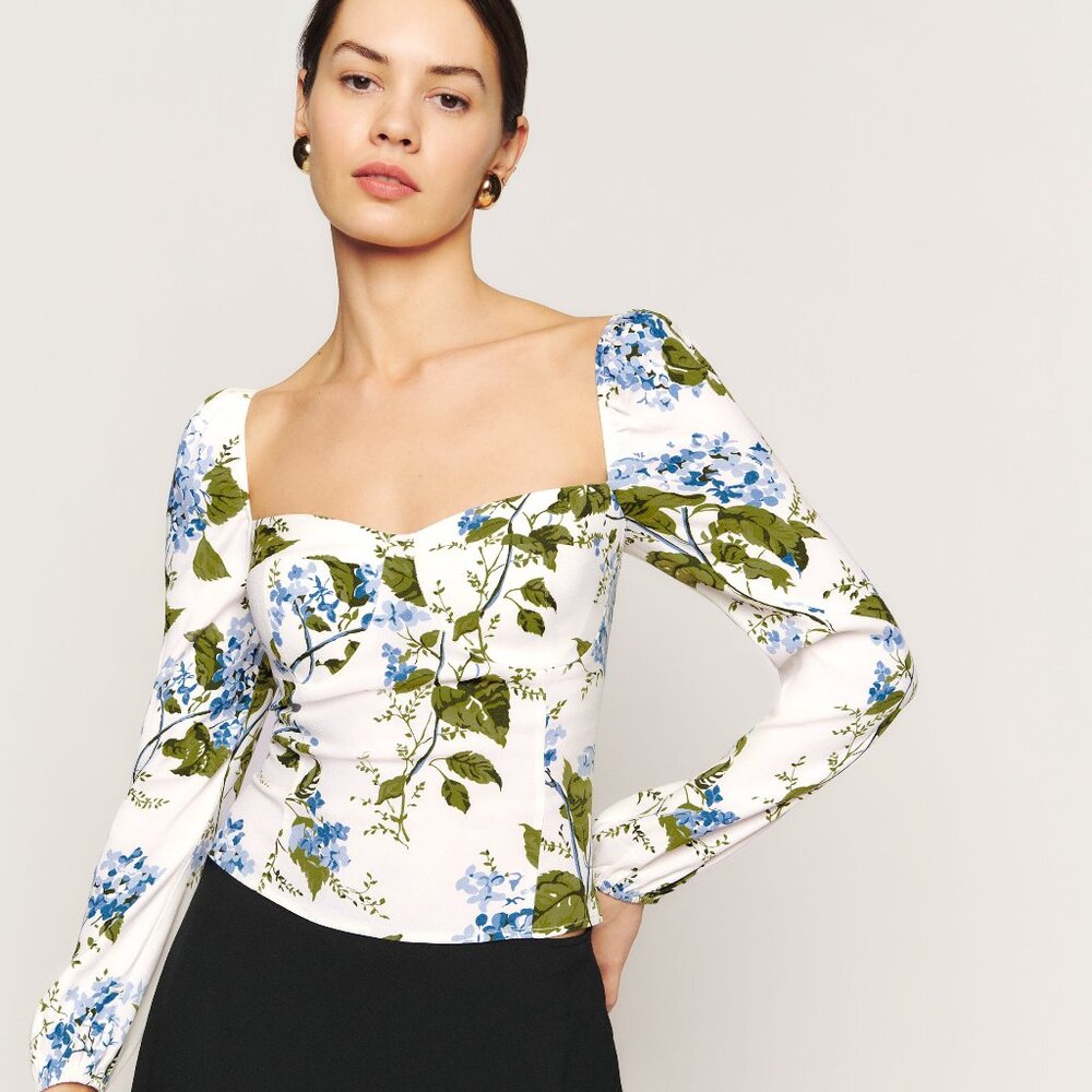 Reformation White Floral Square-Neck Blouse with Blue and Olive Green Print